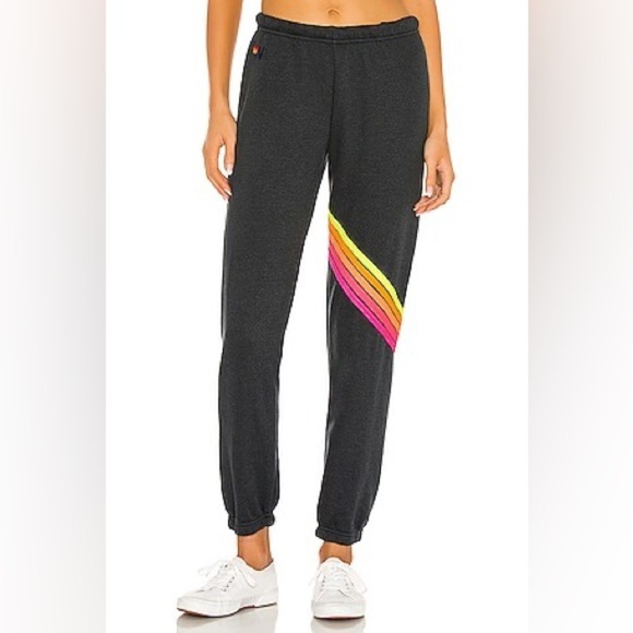 Aviator Nation Pants - Aviator Nation chevron sweatpants in charcoal and neon